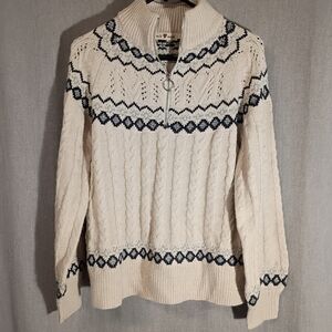 MIK MESH Navy & Cream Cable Knit High Neck Sweater Size M Pullover Long Sleeve